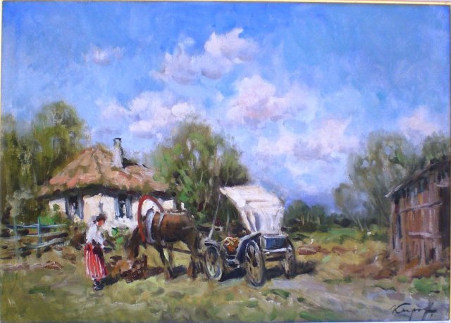 03 - ivan karpoff cm. 50 x 70 campagna con calesse - olio su tela
